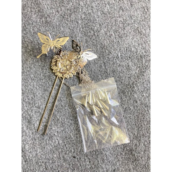 Elegant Silver Butterfly Tassel Hair stick Statement Updo Accessory new - Picture 2 of 6